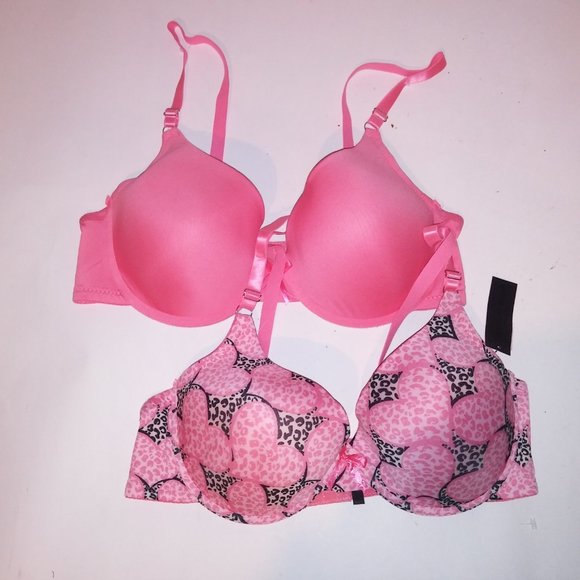 Set of 2 Midnight Muse Bra 40D Solid Pink Leopard Hearts Lightly Lined Underwire - Picture 2 of 9
